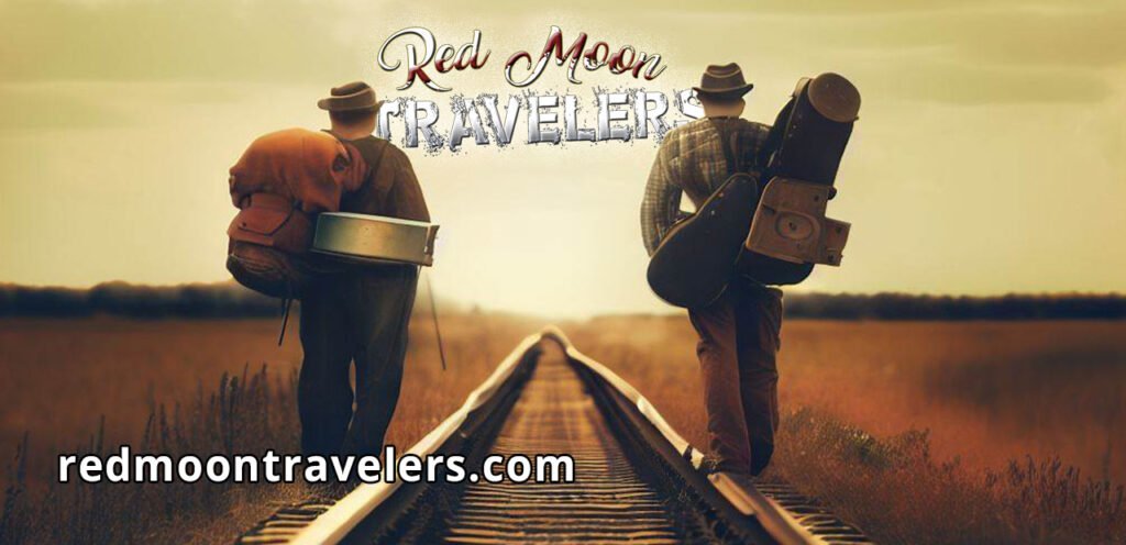 Graphic image of two guys on a railroad track for Red Moon Travelers.