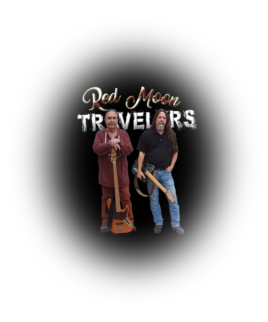 Robbie and Rich in front of Red Moon Travelers logo.