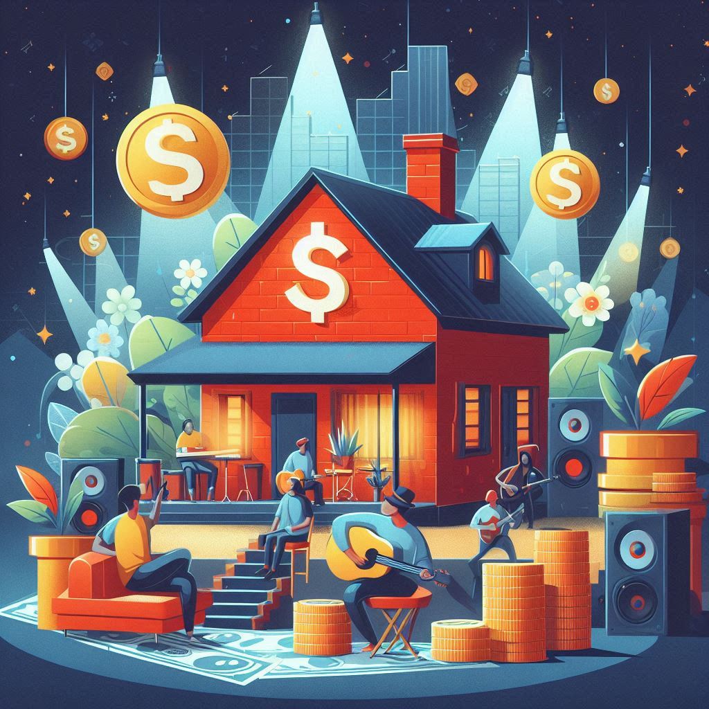 Image of small house with musicians and dollar signs. 10 Proven Strategies to Better Your Income as a Local Musician