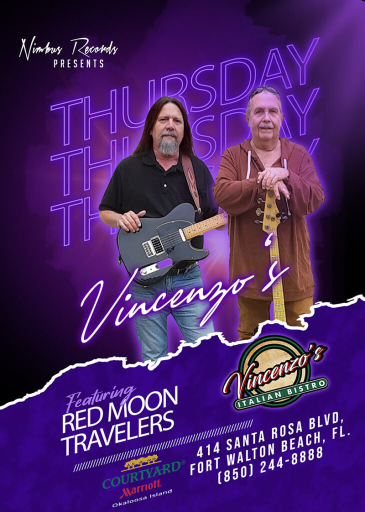 Red Moon Travelers at Vincenzo's for schedule page flyer.